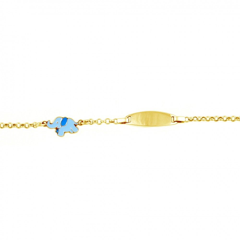 Ασημένιο παιδικό βραχιολάκι ταυτότητα με γαλάζιο ελεφαντάκι σε χρυσό χρώμα