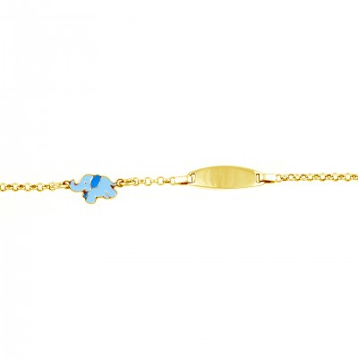 Ασημένιο παιδικό βραχιολάκι ταυτότητα με γαλάζιο ελεφαντάκι σε χρυσό χρώμα