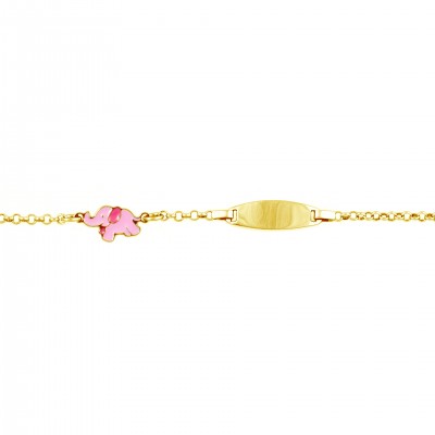Ασημένιο παιδικό βραχιολάκι ταυτότητα με ροζ ελεφαντάκι σε χρυσό χρώμα