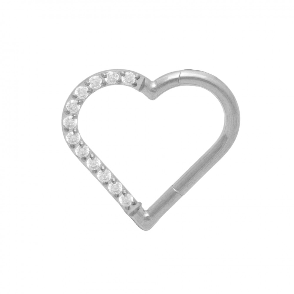 Clicker piercing κρικάκι μεντεσέ καρδιά για το δεξί αυτί με zircon πέτρες από χειρουργικό ατσάλι σε ασημί