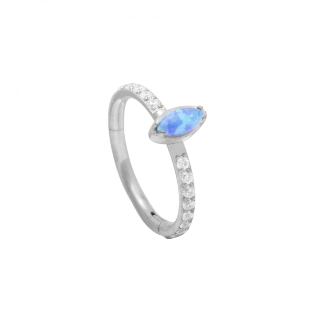 Clicker piercing κρικάκι μεντεσέ με μπλε opal πέτρα από χειρουργικό ατσάλι σε ασημί