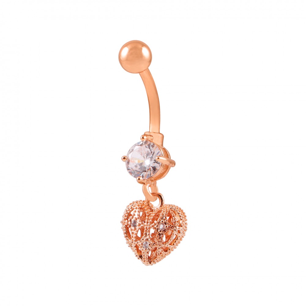 Ροζ επίχρυσο σκουλαρίκι αφαλού κρεμαστή σκαλιστή καρδιά με λευκό zircon από Χειρουργικό ατσάλι 