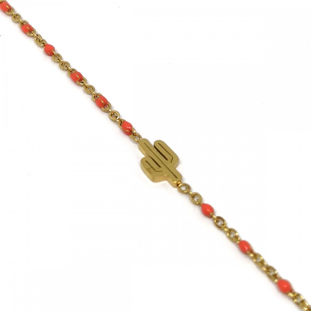 Βραχιόλι αλυσίδα με ροζ σμάλτο & κάκτο σε χρυσό χρώμα από Ανοξείδωτο Ατσάλι
