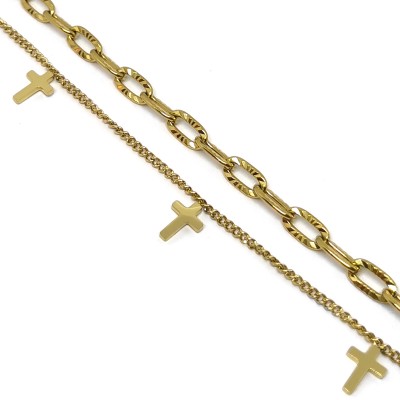 Διπλό βραχιόλι ποδιού με κρεμαστούς σταυρούς σε χρυσό χρώμα
