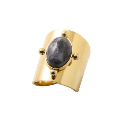 Δαχτυλίδι φαρδύ με μαύρη πέτρα σε χρυσό χρώμα από Ανοξείδωτο Ατσάλι