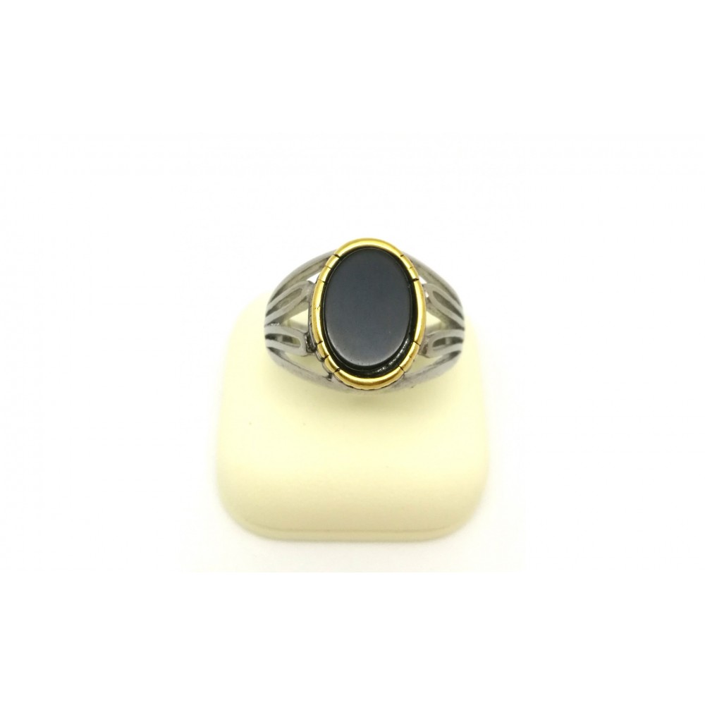 Δαχτυλίδι διάτρητο με οβάλ μαύρη πέτρα σε χρυσό και ασημί χρώμα από Ανοξείδωτο Ατσάλι