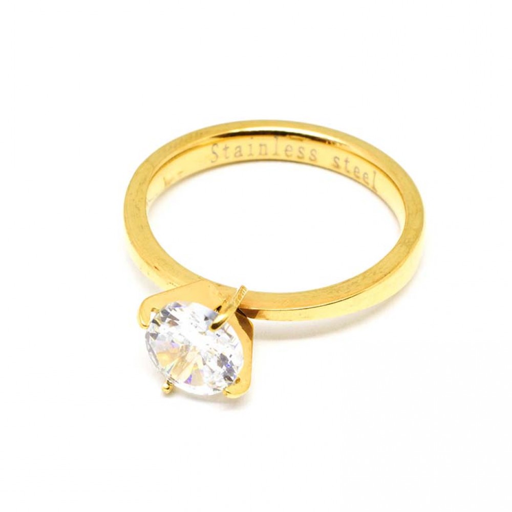 Μονόπετρο δαχτυλίδι με λευκό zircon σε χρυσό χρώμα από Ανοξείδωτο Ατσάλι
