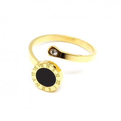 Δαχτυλίδι με μαύρο σμάλτο και στρας σε χρυσό χρώμα από Ανοξείδωτο Ατσάλι