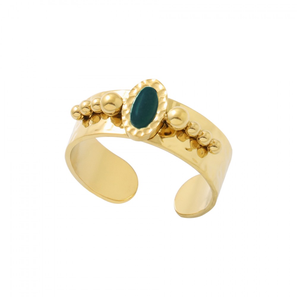 Σφυρήλατο δαχτυλίδι με πράσινη πέτρα σε χρυσό χρώμα από Ανοξείδωτο Ατσάλι