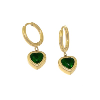 Επίχρυσα σκουλαρίκια καρδιές με πράσινο zircon από ανοξείδωτο ατσάλι